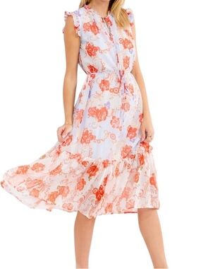 Ina Floral Chiffon Lined Ruffle Middy Dress Blue/Coral